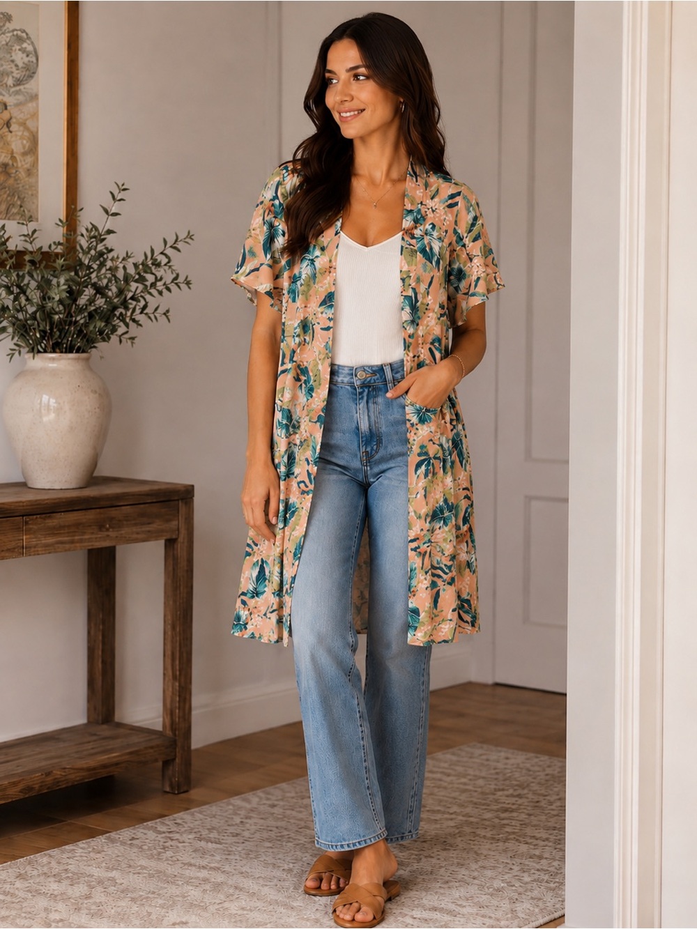 Liberty Love Floral Longline Kimono Jacket - Peach/Teal